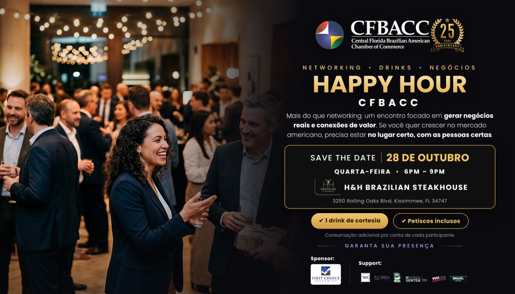 Convite do Happy Hour CFBACC, em 28 de outubro de 2026, das 18h às 21h, no H&H Brazilian Steakhouse, em Kissimmee.